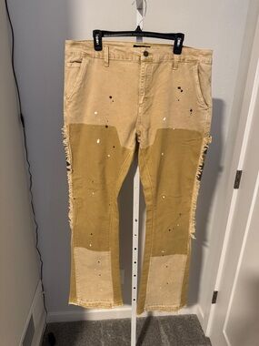 Men's Two-Tone Tan Patchwork Chinos with Paint-Splatter Detail